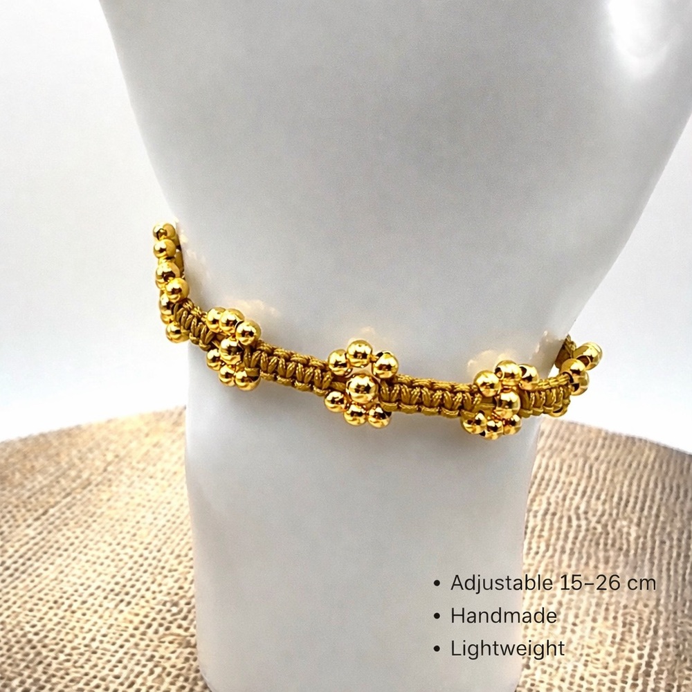 18K Gold Plated Flower Beaded Bracelet | Adjustable Gold Cord | Boho Jewelry